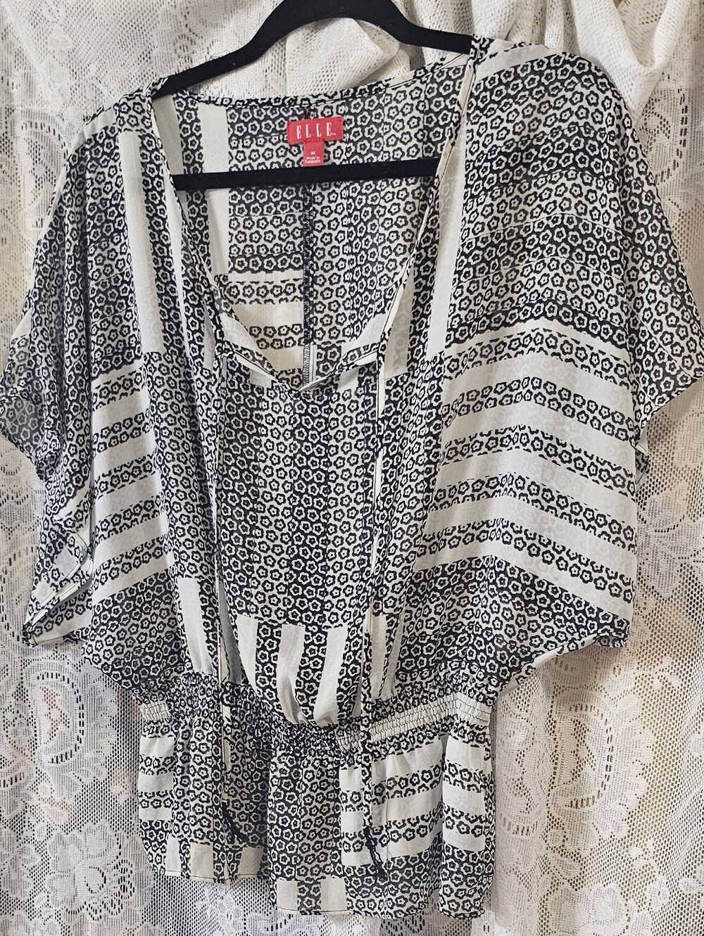 Elle Black and White Floral Geo Print Boho Top